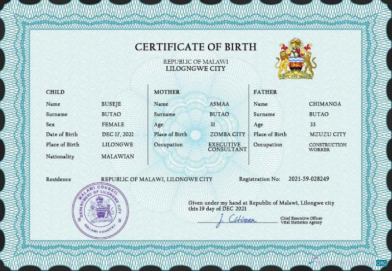 Download Malawi vital record birth certificate PSD template Photoshop template